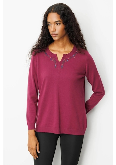 Desen Triko Kadın Sıfır Yaka Yakası Çiçek Nakış İşlemeli Bluz 25094 Mürdüm Mürdüm