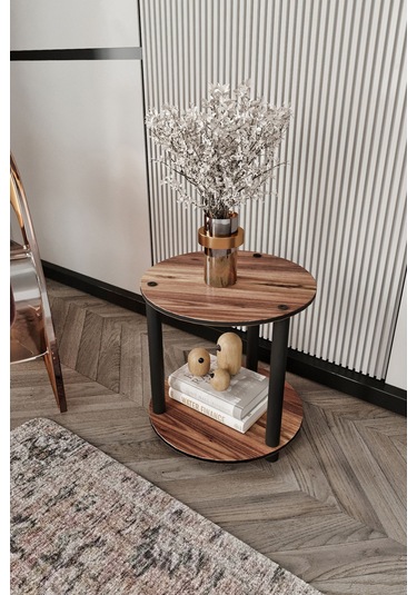 2 Katlı Dekoratif Yuvarlak Kitaplık Ceviz Ceviz