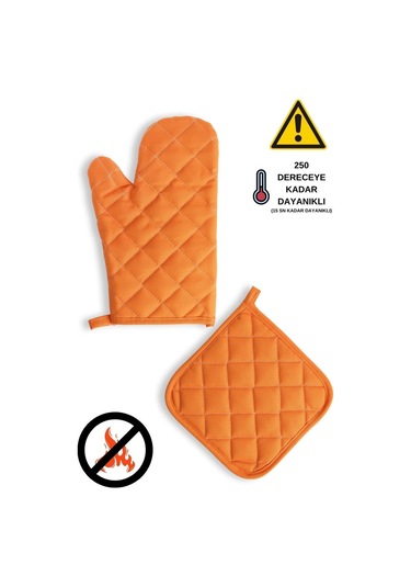 Yanmaz Fırın Eldiveni Ve Fırın Tutacağı 1 Eldiven 1 Tutacak Turuncu