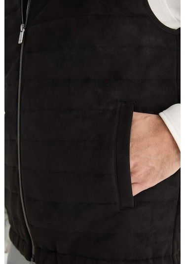 Defacto Slim Fit Dar Kesim Dik Yaka Astarlı Fermuarlı Cepli Mevsimlik Baharlık Süet Yelek F0246ax25aubk27 Siyah