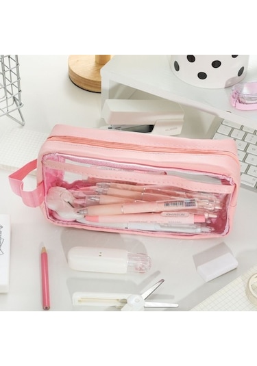 Ortaokul Ve Lise Öğrencileri Için Şeffaf Büyük Kapasiteli Kalem Kutusu W77d5ı Pembe