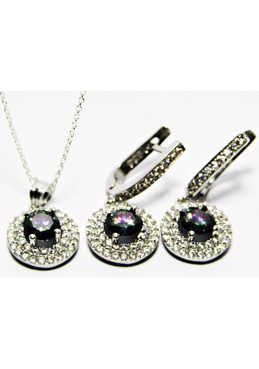 Lilahgümüştr Gümüş Mistik Topaz Taşlı Yuvarlak Kadın Kolye Küpe