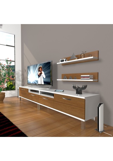 Decoraktiv Eko 220r Slm Krom Ayaklı Tv Ünitesi Tv Sehpası Beyaz - Ceviz