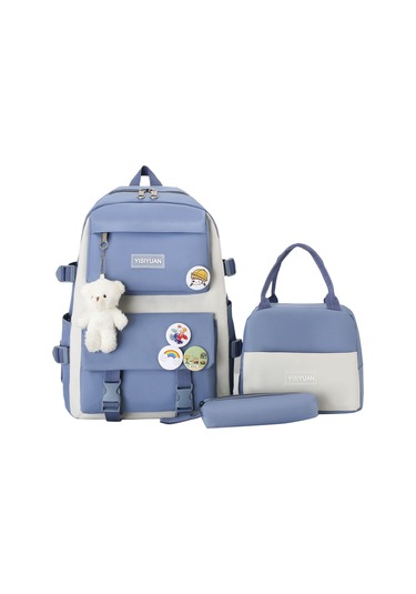 Yeiuyi Öğrenci Okul Çantası Öğle Yemeği Çantası Kalem Çantası Üç Parça Seti Mavi