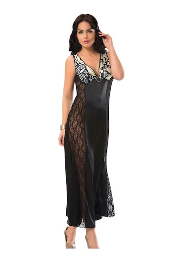 Sistina Bayan Siyah Dantelli Saten Uzun Gecelik Gecelik 085 Siyah