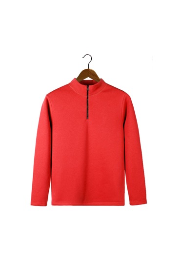 Erkek Açık Kırmızı Yarım Fermuarlı Basic Düz Sweatshirt Açık Kırmızı