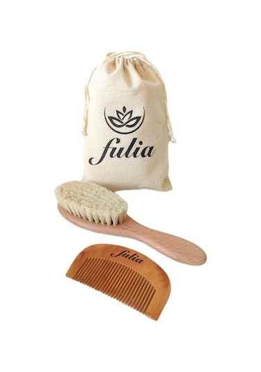 Fulia Doğal Keçi Kılı Bebek Saç Fırçası + Doğal Ahşap Tarak 2'li