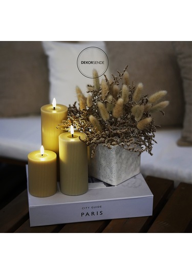 Çizgili Pilli Kütük Mum Bej 10 Cm Bej