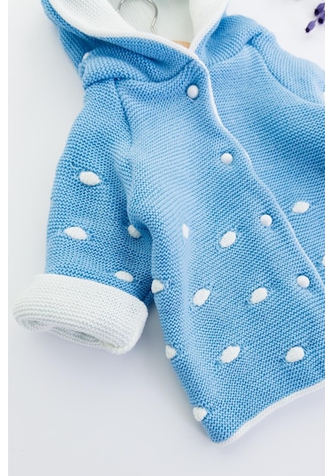 Kapüşonlu Mavi Erkek Bebek Çift Katlı Triko Hırka 001