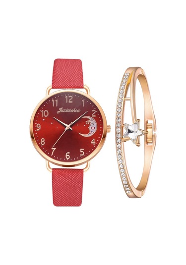 Yeni Bayan Kişiselleştirilmiş Kuvars Saat Seti Pu Kemer Ay Desenli Kadran Takvimli Mor + Yıldız Bilezik Diğer