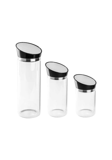 Tantitoni 3 Parça Siyah Kapaklı Borosilikat Cam Kavanoz Seti