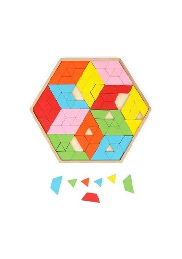Ahşap 96 Parça Altıgen Tepsili Tangram Puzzle Oyunu