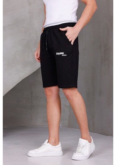 Dark Moda Erkek Baskılı Oversize İki İplik Kompakt Şort Siyah