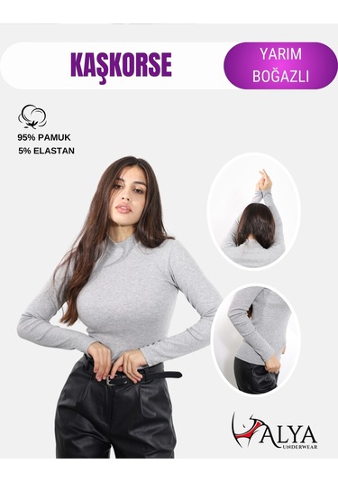 Kaşkorse Yarım Boğaz Body Sweatshirt, Fitilli Kumaş, Likralı, Bordo Gri Melanj