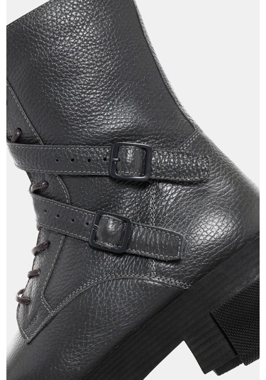 Leah Kadın Gri Gerçek Deri Tokalı Postal Bot Gri