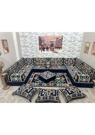 Coton Şark Köşesi Otantik Desenli Lüks Minder Takımı Konsept Lacivert
