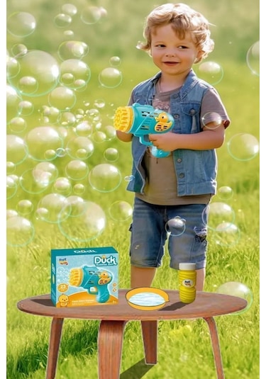 Mavi Duck Ördek Çok Delikli Pilli Köpük Atan Tabanca Bubble Gun Köpük Tabancası Oyuncak