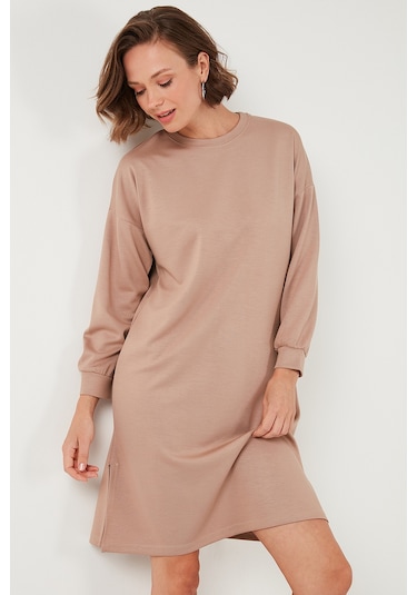 Lela Modest Oysho Kumaş Relaxed Fit Yırtmaçlı Bayan Tunik 5865878 Bisküvi