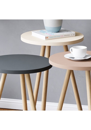 İntergo Renkli Üçlü Zigon Sehpa Ahşap Ayaklı Yuvarlak Pastel Tasarım Cappuccino-Gri-Krem