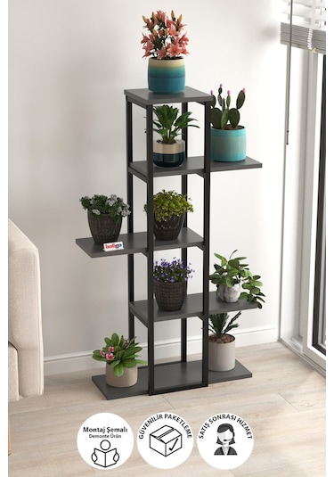 Bofigo 5 Raflı Çiçeklik Rafı Saksılık Standı Dekoratif Aksesuar Rafı Saksılık Papatya Antrasit Antrasit