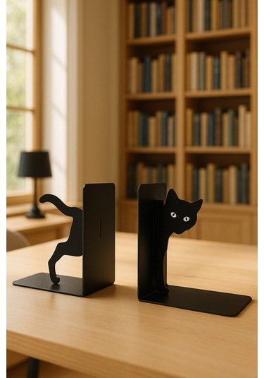 Sevimli Gözlü Kedi Figürlü Metal Kitap Tutucu 2 Li Set Dekoratif Kitaplık Ve Masa Üstü Aksesuarı