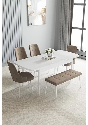 Loft Beyaz 80x132 Açılabilir Mdf Masa Yemek Odası Takımı, Mutfak Takımı 4 Sandalye, 1 Bench Cappuccino