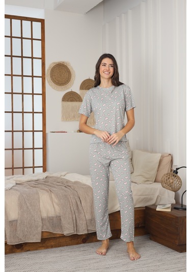 Kadın Yazlık Kısa Kol Penye Süprem Kumaş Pijama Takımı Haki Kalpli