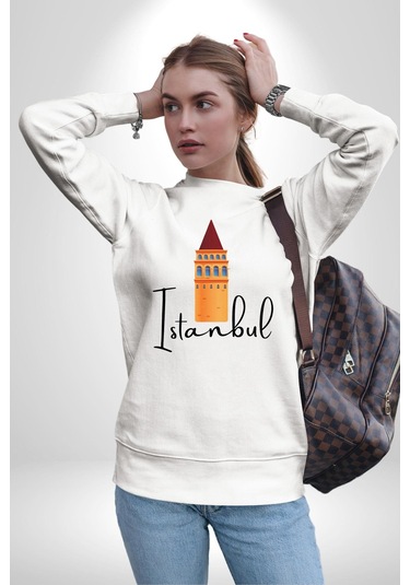 İstanbul Galata Kulesi Unisex Beyaz Sweatshirt Beyaz
