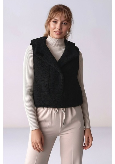 Kadın Önü Çıtçıtlı Kapüşonlu Yan Cepli Tasarım Yaka Spor Şık Crop Peluş Yelek Mavi