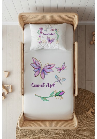 %100 Pamuk Saten İsme Özel İsimli 100x200 Tek Kişilik Lastikli Çarşaf Seti Mor Çiçekler Beyaz