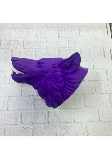 Mor Renk 3d Kurt Başı Duvar Dekoru Asılabilir Maskot Heykel 25x19 Cm