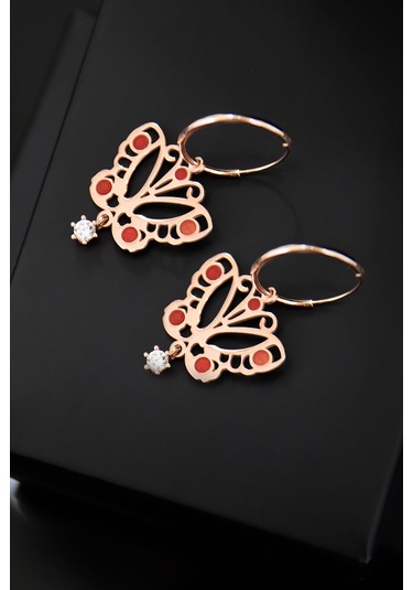 925 Ayar Gümüş Rose Kaplama Kelebek Halka Küpe UVPS301202