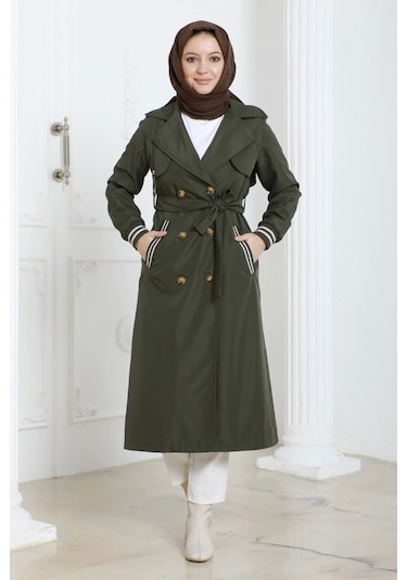 Bondit Kumaş Ribanalı Uzun Boy Trençkot / Haki - M0110 Haki