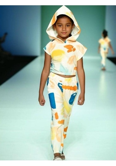 Kız Çocuk Kapüşonlu Crop T-shirt Yazlık Desenli Eşofman Takım-15677 Çok Renkli