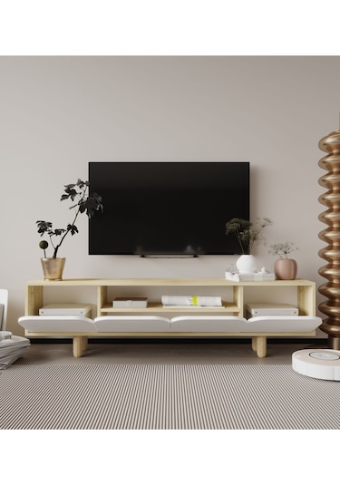 Lazio Bohem Ahşap Ayaklı Tv Ünitesi Tv Sehpası Safir Meşe-beyaz