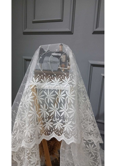 Tül Perde Brode Nakış Yeni Eko Seri Tüm Desen Sarmaşık 3kat Pileli Tül Perde BEYAZ