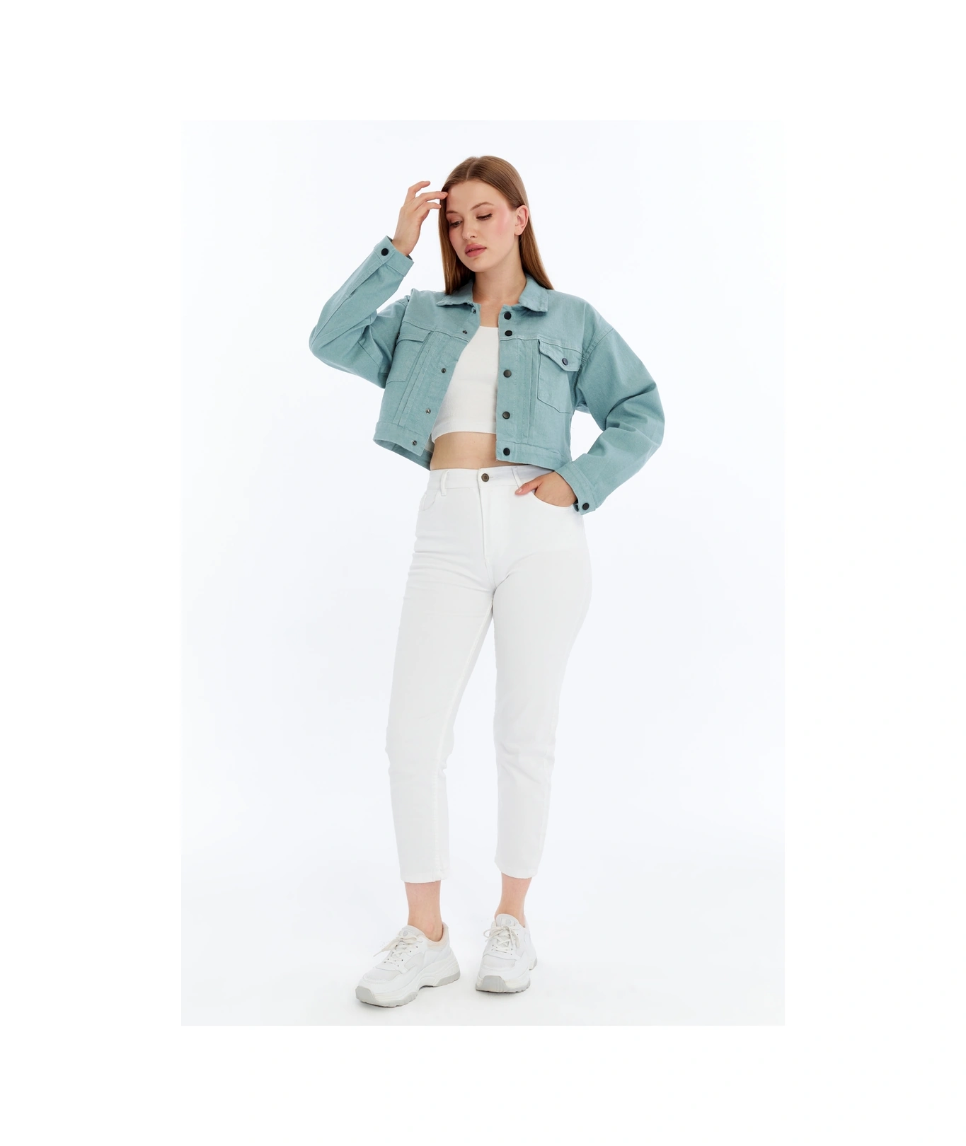 Kadın Bomber Gabardin Ceket Çıt Çıt Düğmeli Kolej Kot Ceket Cepli Renkli Kolay Kombinlenebilen Ceket Yeşil