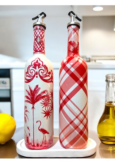 El Yapımı Kırmızı Beyaz Yağdanlık Seti Flamingo Ekose Desenli Cam Şişe, Dekoratif Mutfak & Sofra Ü Açık Pembe