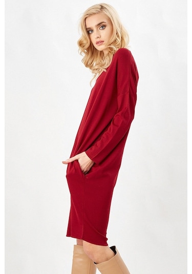 Peraluna Bordo Rengi 3/4 Kol Balon Kadın Triko Elbise Bordo