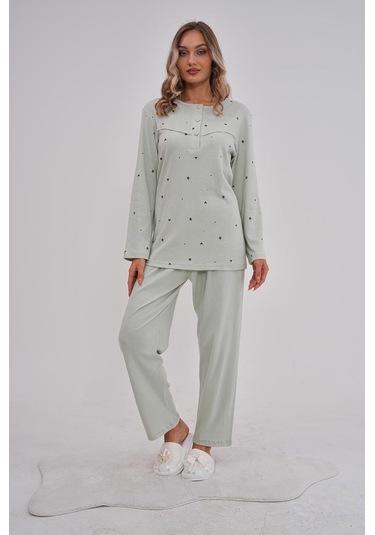 Mecit 6150 Bayan Yeşil Yüzde Yüz Pamuk Büyük Beden Pijama Takımı Yeşil