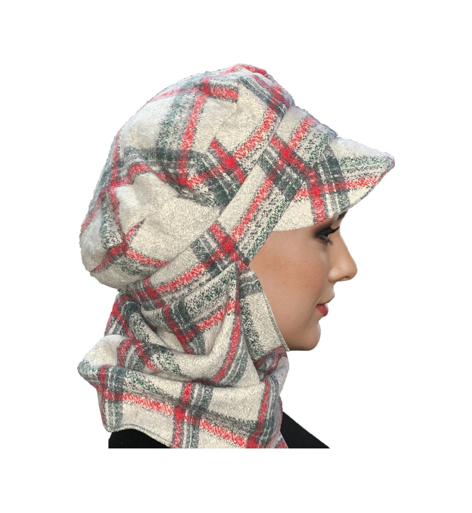 Yün Kasket Şapka Atkılı Ekose Desenli Gri-bordo-füme Hazır Türban Tesettür Bone Bere Gri-bordo-füme