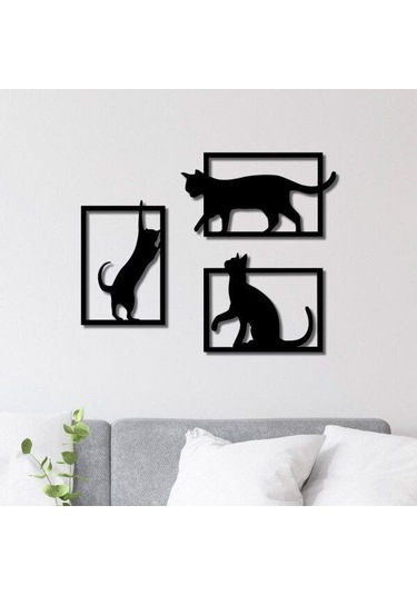 3'lü Kedi Temalı Ahşap Duvar Dekorasyonu Seti Ahşap Tablo 60x50 Cm