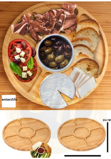 5 Bölmeli Bambu Yuvarlak Sunum Tabağı Kahvaltılık ,çerezlik 25 Cm