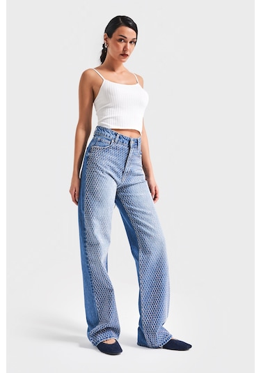 Itsbasic Kadın Mavi Renk Doris T3-2s5-4 Parlak Taşlı Straight Fit Yüksek Bel %100 Koton Tasarım Denim Jean Mavi T3-2s5-4