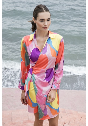 Lela Desenli Kruvaze Yaka Bağlamalı Saten Bayan Elbise 611El295 Fuşya