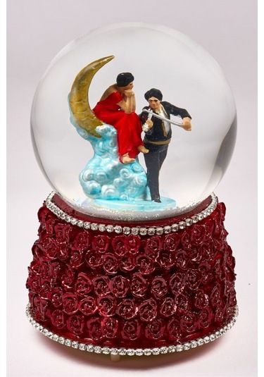 Kar Küresi Gonca Buket Büyük 100 Mm El Boyaması, Müzikli Kendinden Üflemeli, Ay Işığında Kemancı