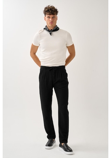 Alexandergardi Regular Fit Beli Lastikli Keten Pantolon Siyah