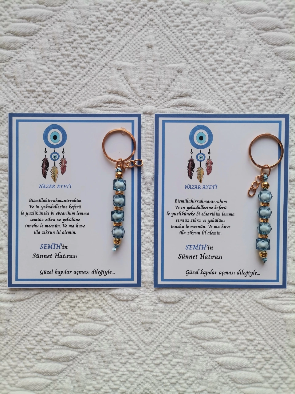 100 Adet Kişiye Özel Nazar Ayeti Sünnet Hatırası Dağıtmalık Hediyelik Mavi Renk Anahtarlık