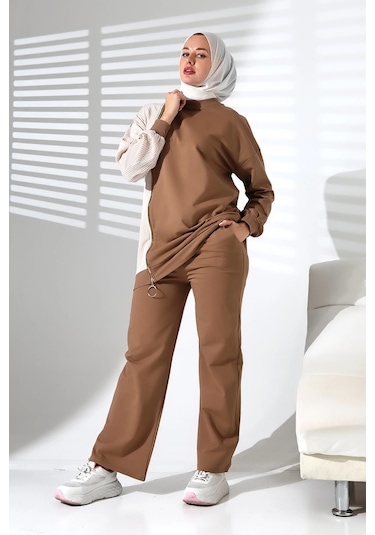 Kadın Mevsimlik Alt Üst Rahat Kahverengi Spor Ikili Tunik Pantolon Şık Tesettür Takım Kahverengi