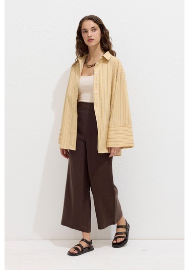 Manuka Çizgili Pamuklu Gömlek Sarı Çizgi Sarı